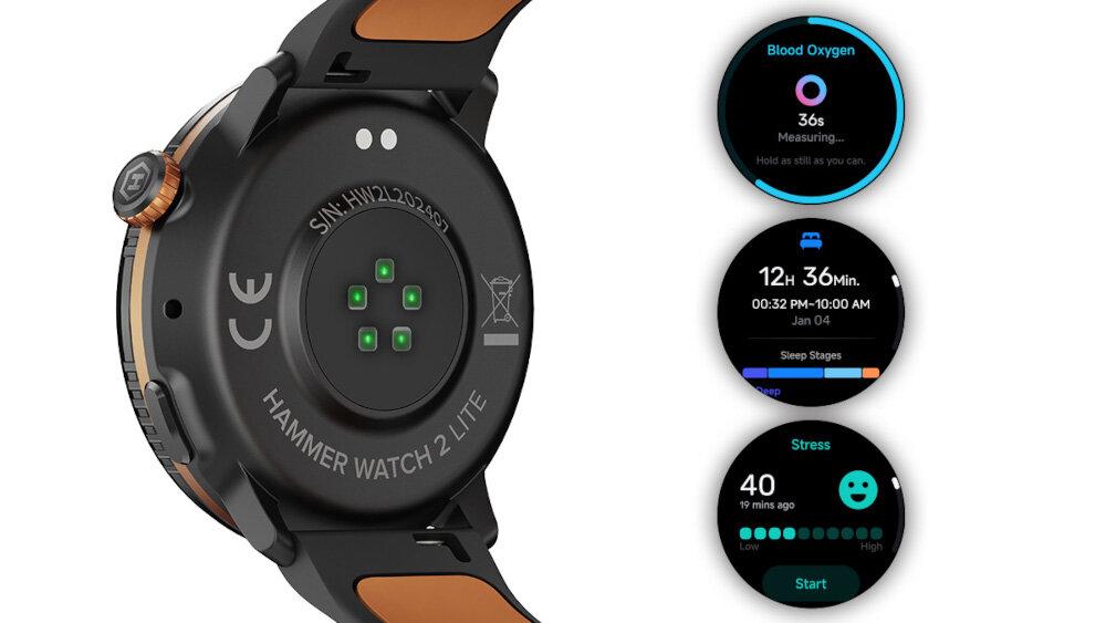 Obraz przedstawia tył smartwatcha z napisem \'HAMMER WATCH 2 LITE\' oraz trzy okrągłe ekrany z informacjami: pomiar tlenu we krwi, czas snu i poziom stresu.