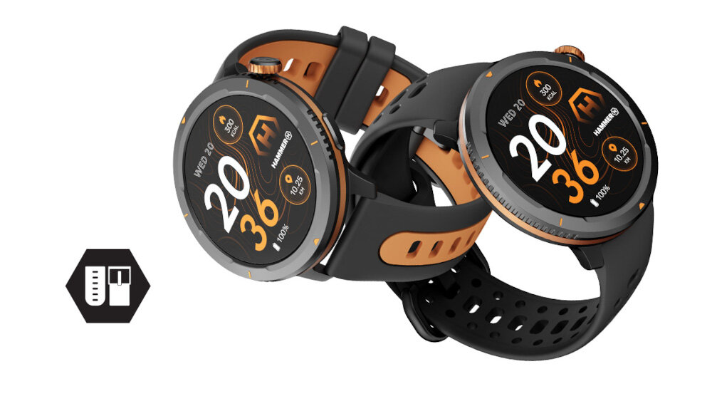 Dwa smartwatche z okrągłymi tarczami, czarno-pomarańczowymi paskami i wyświetlaczem pokazującym godzinę 20:36 oraz datę WED 20. Obok znajduje się ikona przedstawiająca kartę pamięci i dyskietkę.