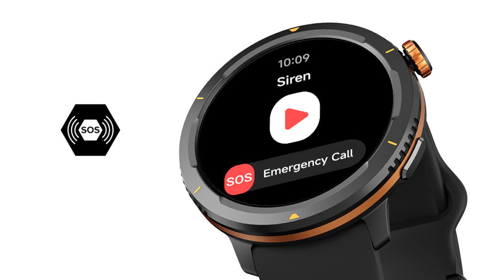 Smartwatch z czarno-pomarańczowym wykończeniem wyświetla ekran z godziną 10:09, napisem \'Siren\' i przyciskiem \'SOS Emergency Call\'. Obok zegarka znajduje się ikona z napisem \'SOS\'.
