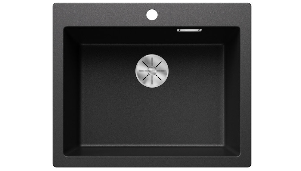 Na obrazie widoczny jest czarny zlewozmywak z okrągłym otworem na baterię i metalowym odpływem pośrodku. Zlewozmywak ma prostokątny kształt i gładką powierzchnię.