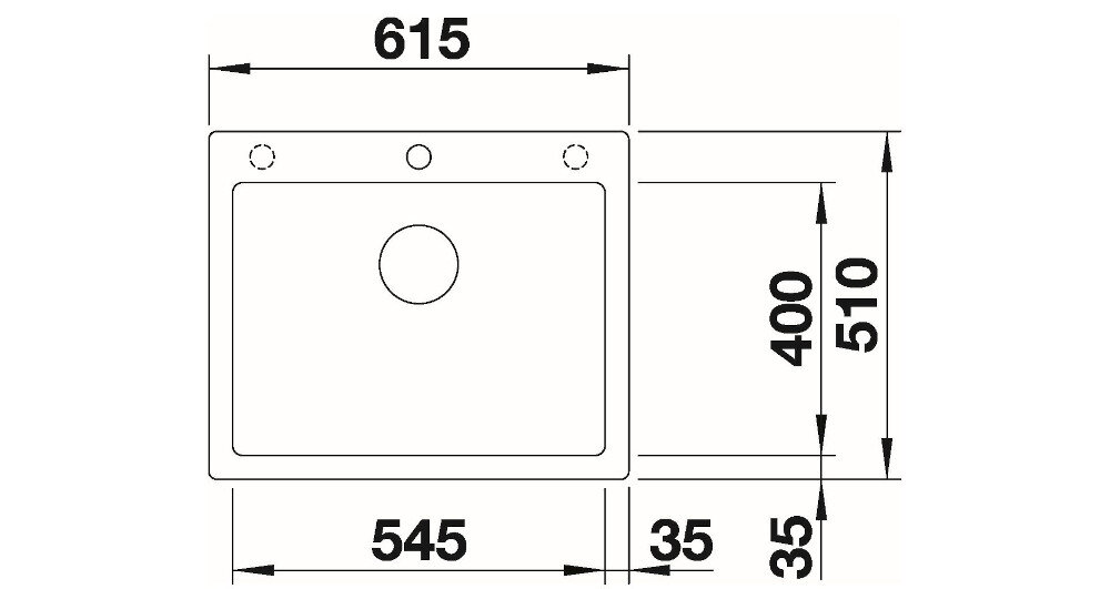 Schemat zlewozmywaka z wymiarami: szerokość 615 mm, głębokość 510 mm, szerokość komory 545 mm, głębokość komory 400 mm, oraz marginesy po 35 mm. Widoczne są otwory montażowe i otwór odpływowy.