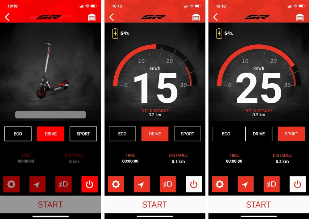 Trzy ekrany aplikacji mobilnej z interfejsem do hulajnogi elektrycznej, pokazujące różne prędkości: 0 km/h, 15 km/h i 25 km/h. Widoczne są przyciski trybów jazdy: ECO, DRIVE, SPORT oraz ikony ustawień, świateł i zasilania.