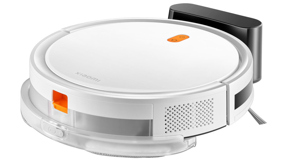 Biały robot sprzątający z widocznym logo \'xiaomi\' na górze. Urządzenie ma okrągły kształt i stację dokującą w kolorze czarnym.