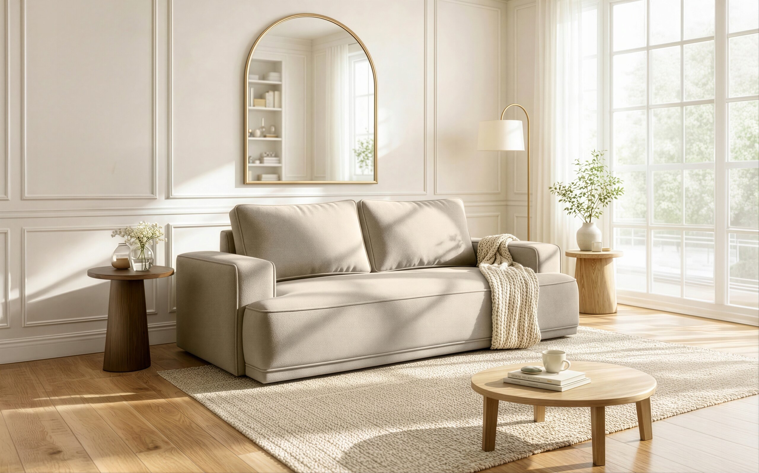 Kremowa sofa rozkładana z funkcją spania znajduje się w eleganckim salonie z dużym oknem, obok której stoi okrągły stolik z lampą i rośliną. Na ścianie wisi duże lustro, a na podłodze leży jasny dywan.