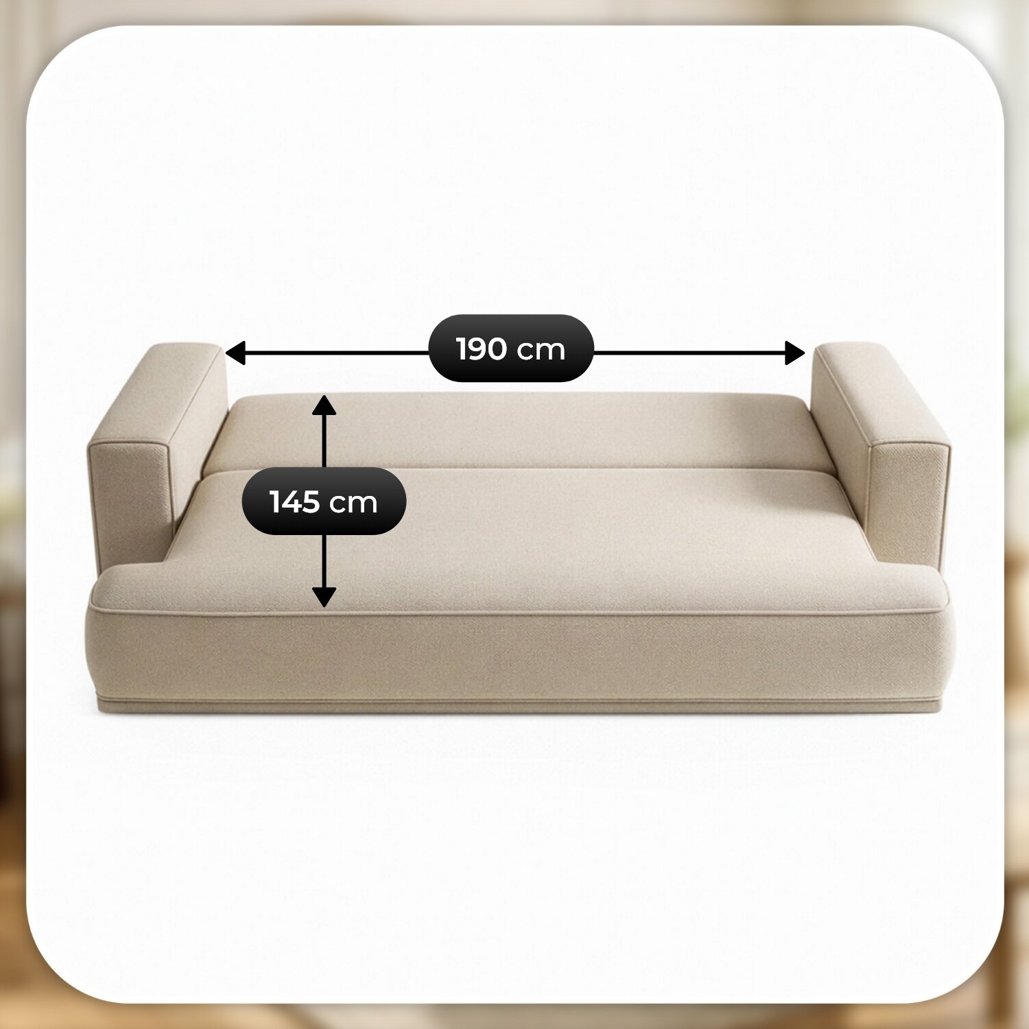 Kremowa sofa rozkładana z funkcją spania, przedstawiona w pozycji rozłożonej. Na obrazie widoczne są wymiary: 190 cm szerokości i 145 cm głębokości.