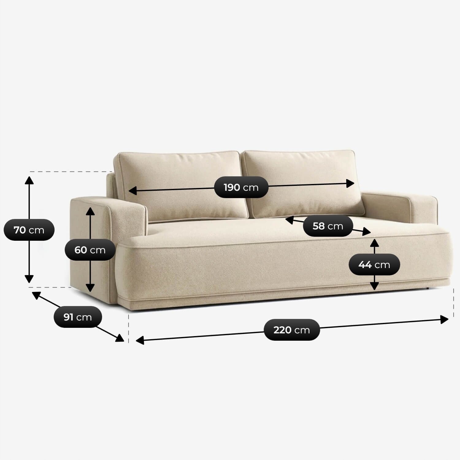 Kremowa sofa rozkładana z funkcją spania, z podanymi wymiarami: szerokość 220 cm, głębokość 91 cm, wysokość 70 cm, szerokość siedziska 190 cm, głębokość siedziska 58 cm, wysokość siedziska 44 cm, wysokość podłokietnika 60 cm.