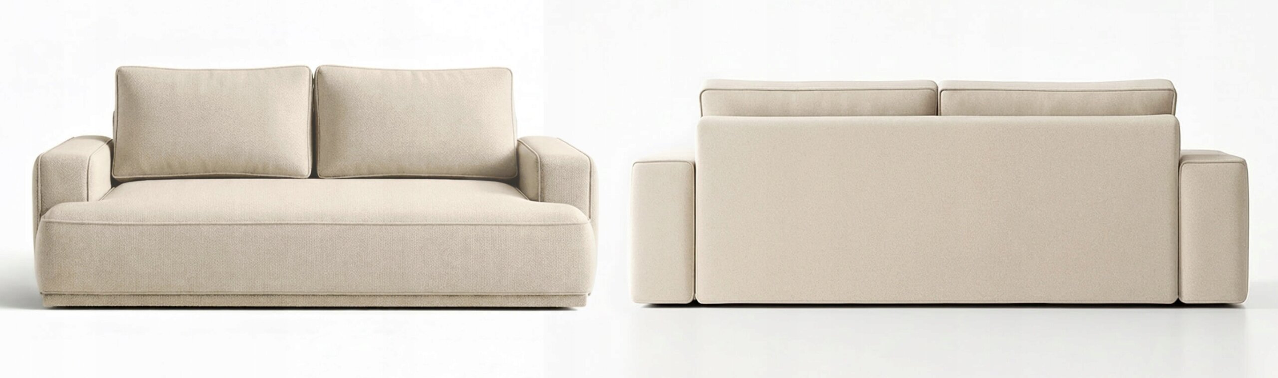 Obraz przedstawia kremową sofę z funkcją spania, widoczną z przodu i z tyłu. Sofa ma prosty, nowoczesny design z dwoma dużymi poduszkami oparciowymi.