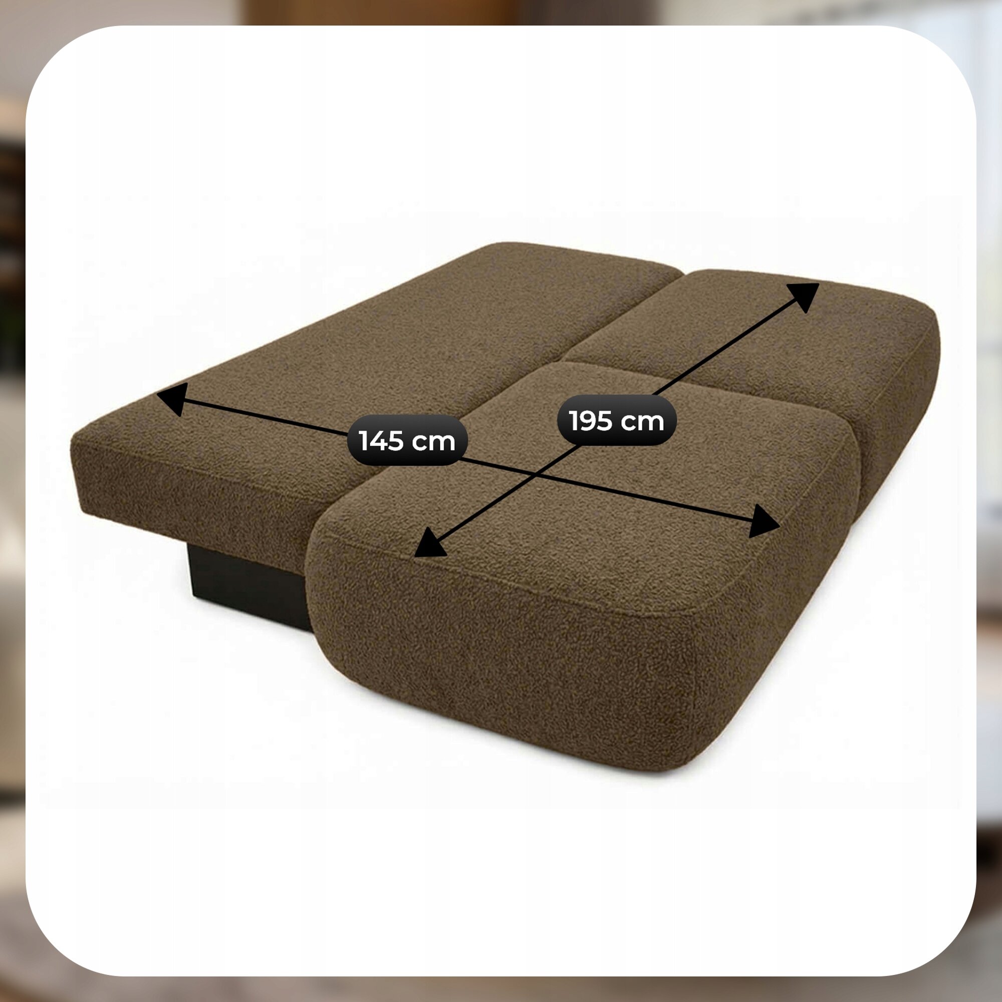 Brązowa sofa rozkładana z funkcją spania, przedstawiona w pozycji rozłożonej. Na powierzchni widoczne są wymiary: 145 cm i 195 cm.
