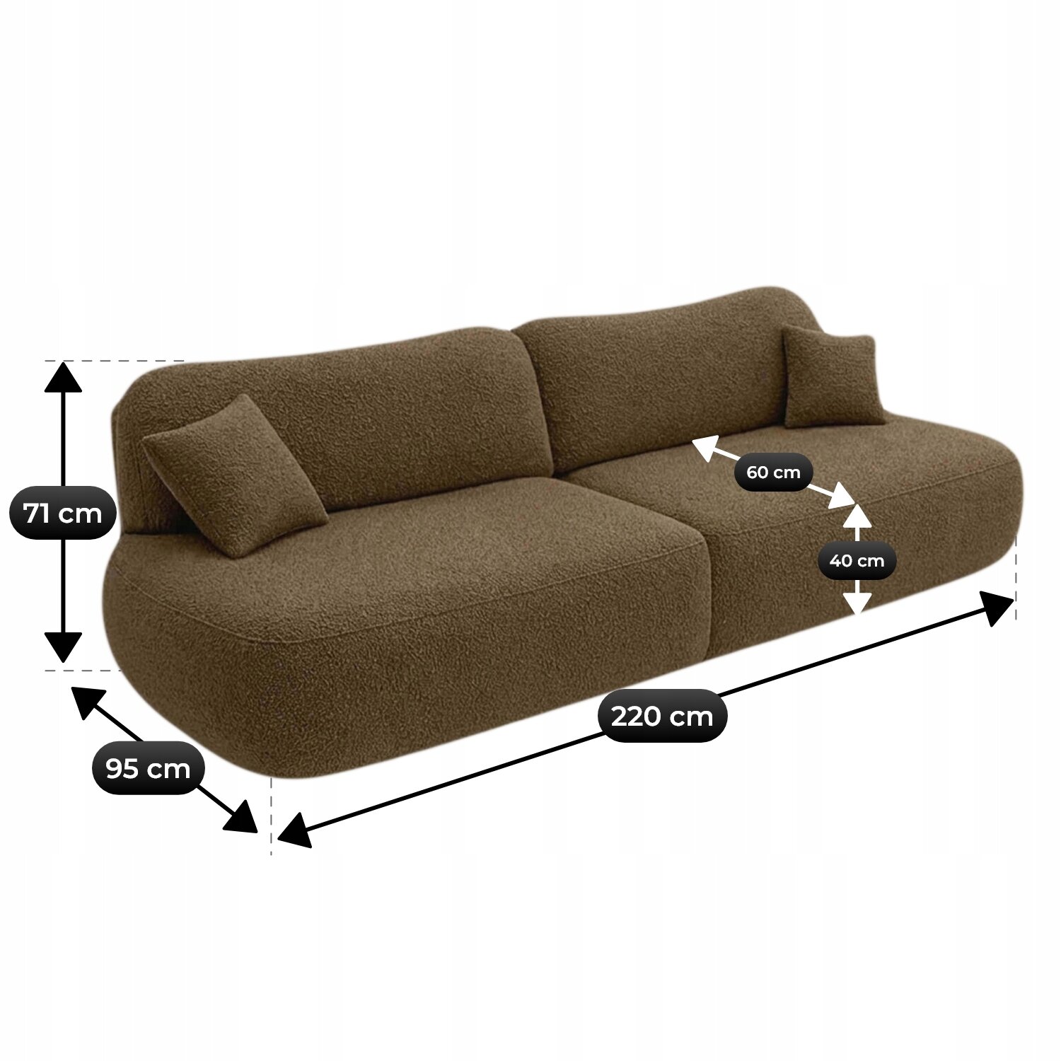 Brązowa sofa z funkcją spania, o wymiarach 220 cm długości, 95 cm głębokości i 71 cm wysokości. Na obrazie widoczne są również wymiary siedziska: 60 cm głębokości i 40 cm wysokości.