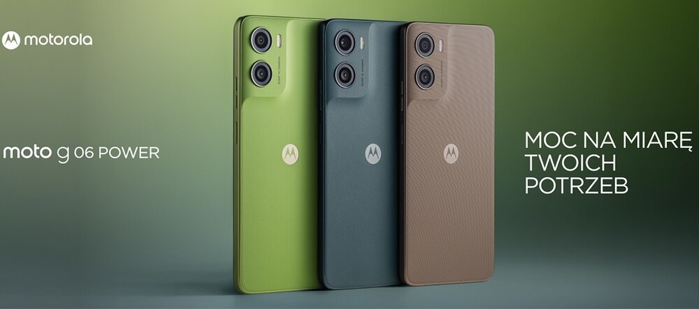 Trzy smartfony w kolorach zielonym, niebieskim i brązowym z logo motorola na obudowie. Widoczny tekst: \'moto g 06 POWER\' oraz \'MOC NA MIARĘ TWOICH POTRZEB\'.