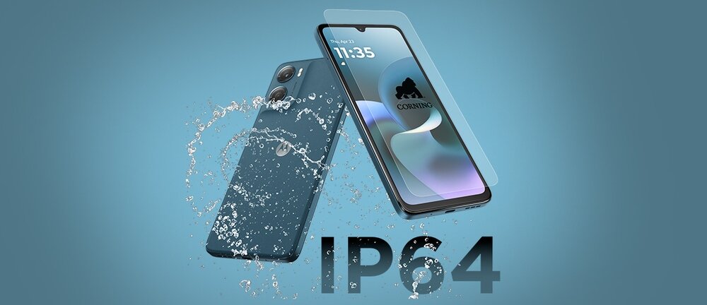 Obraz przedstawia smartfon z wyświetlaczem, na którym widoczna jest godzina 11:35 i logo producenta. Obok telefonu znajduje się napis \'IP64\' oraz rozpryskująca się woda, co sugeruje odporność na zachlapania.