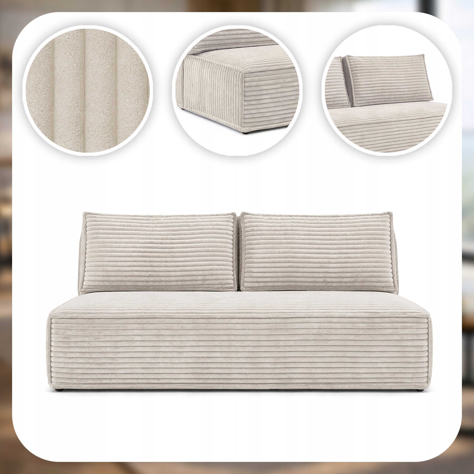 Beżowa sofa rozkładana z funkcją spania, z widocznymi poduszkami i teksturą materiału. Obraz zawiera zbliżenia na detale tkaniny i konstrukcji sofy.