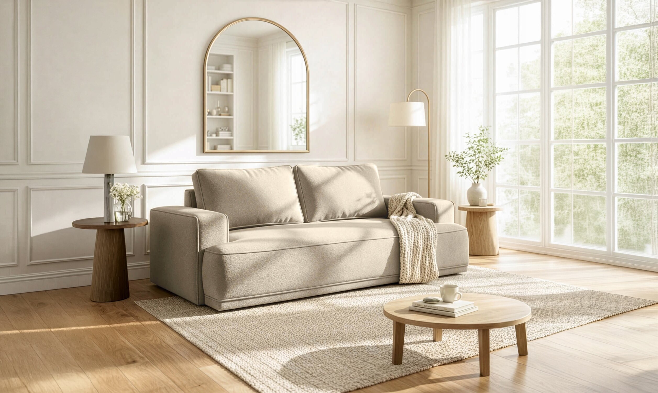 Beżowa sofa rozkładana stoi w eleganckim salonie z dużymi oknami, obok niej znajduje się stolik z lampą i rośliną. Na podłodze leży jasny dywan, a w tle widać lustro i półki z książkami.