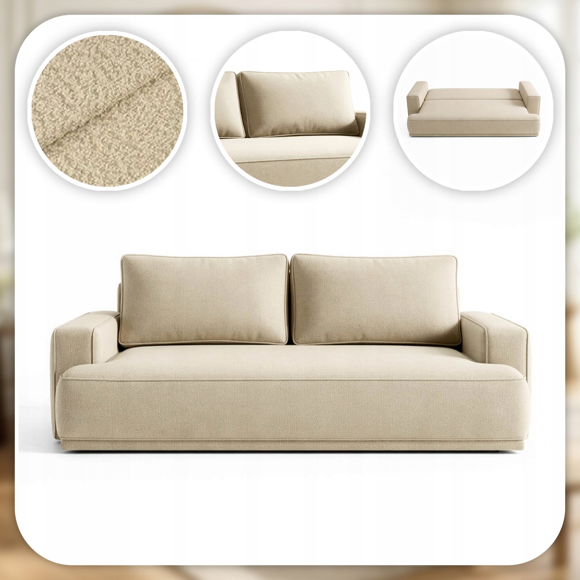 Beżowa sofa z dwoma poduszkami o prostym designie, przedstawiona na tle wnętrza. Dodatkowo widoczne są zbliżenia na teksturę materiału oraz sofa w pozycji rozłożonej.