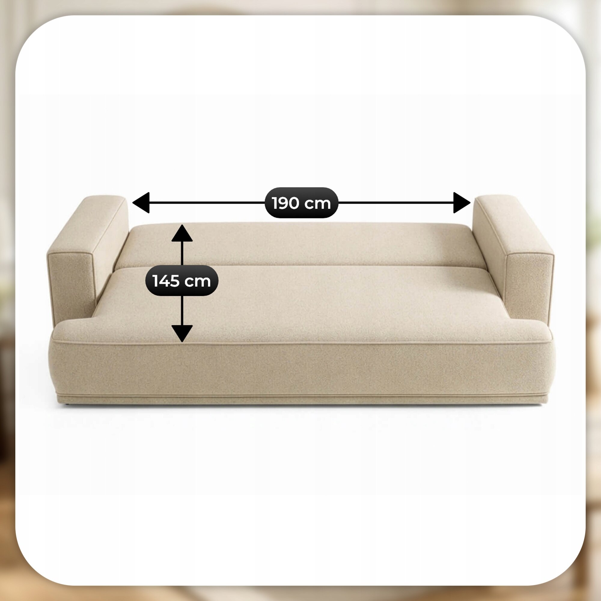 Beżowa sofa rozkładana z funkcją spania, przedstawiona w pozycji rozłożonej. Na powierzchni sofy widoczne są wymiary: 190 cm i 145 cm.