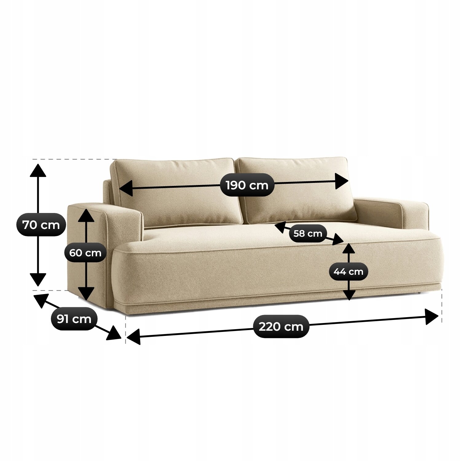 Beżowa sofa z poduszkami, oznaczona wymiarami: 220 cm szerokości, 91 cm głębokości, 70 cm wysokości, 190 cm długości siedziska, 60 cm wysokości podłokietnika, 58 cm głębokości siedziska i 44 cm wysokości siedziska.