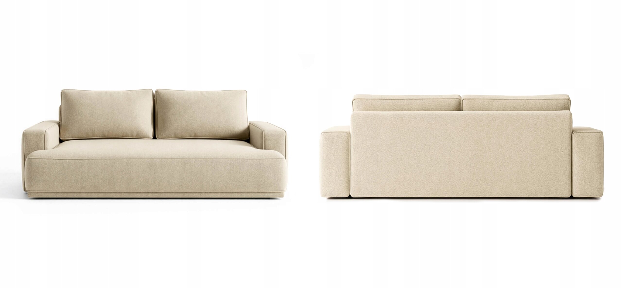 Obraz przedstawia beżową sofę rozkładaną z funkcją spania, widoczną z przodu i z tyłu. Sofa ma prosty, nowoczesny design z dwoma poduszkami oparciowymi.