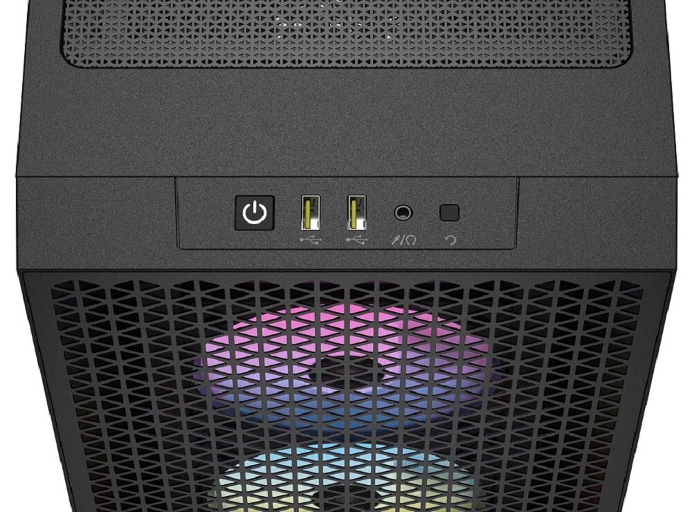 Czarna obudowa komputerowa z widocznym panelem przednim, na którym znajdują się przycisk zasilania, dwa porty USB, gniazdo audio i przycisk reset. Za perforowanym panelem widać dwa wentylatory z podświetleniem RGB.