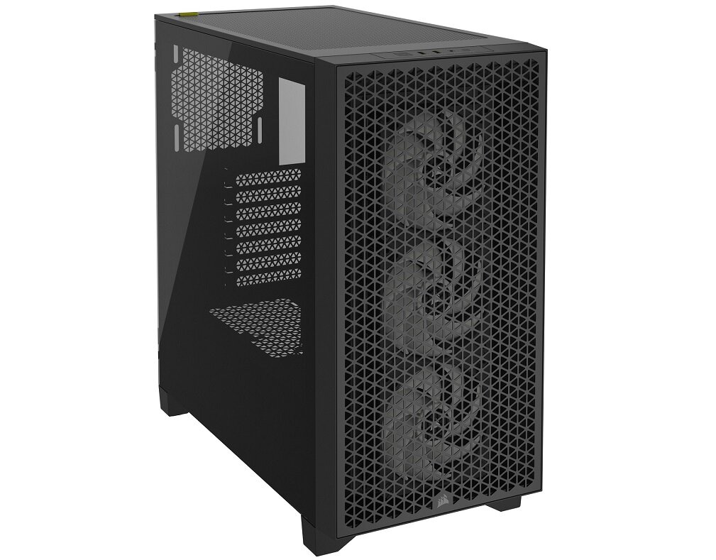Czarna obudowa komputerowa z przodu posiada trzy wentylatory widoczne przez perforowany panel. Bok obudowy jest przezroczysty, co umożliwia wgląd do wnętrza.