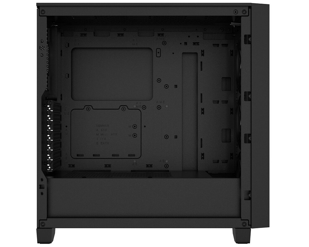 Czarna obudowa komputerowa z otwartym wnętrzem, widoczne miejsca montażowe na płyty główne i inne komponenty. Brak zamontowanych elementów wewnętrznych.