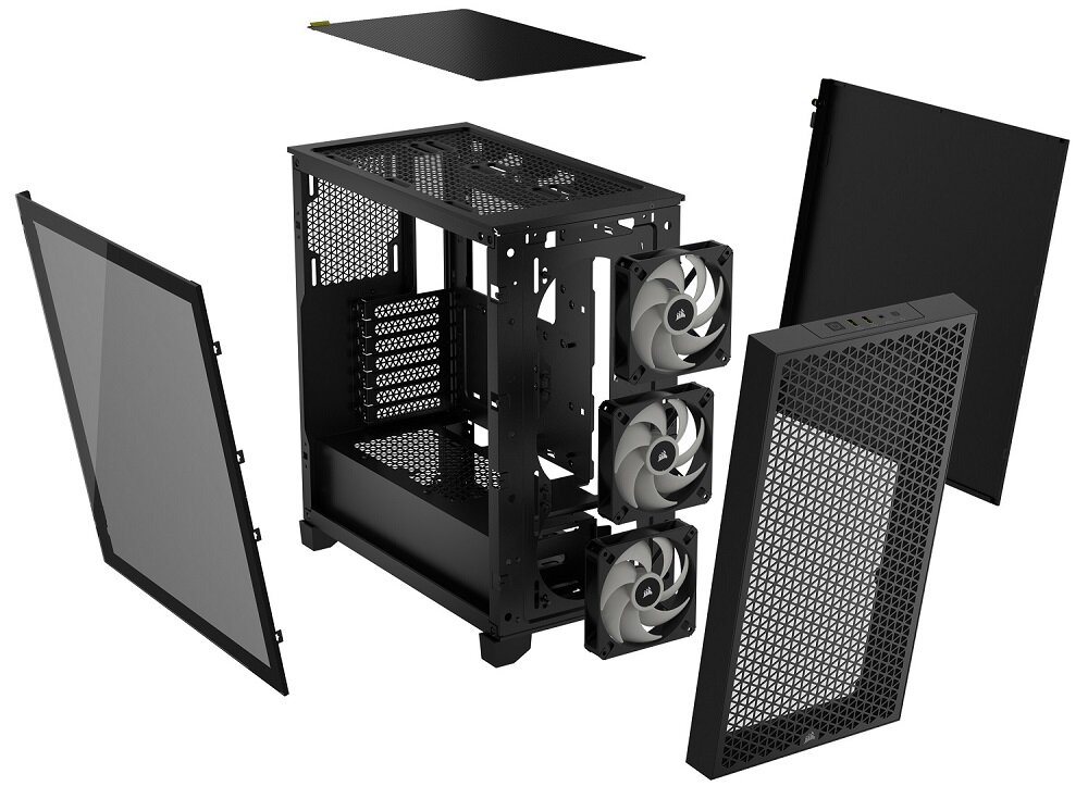 Obraz przedstawia rozłożoną obudowę komputerową w kolorze czarnym z trzema wentylatorami zamontowanymi z przodu. Elementy obudowy, takie jak panele boczne i przedni, są oddzielone od głównej konstrukcji.
