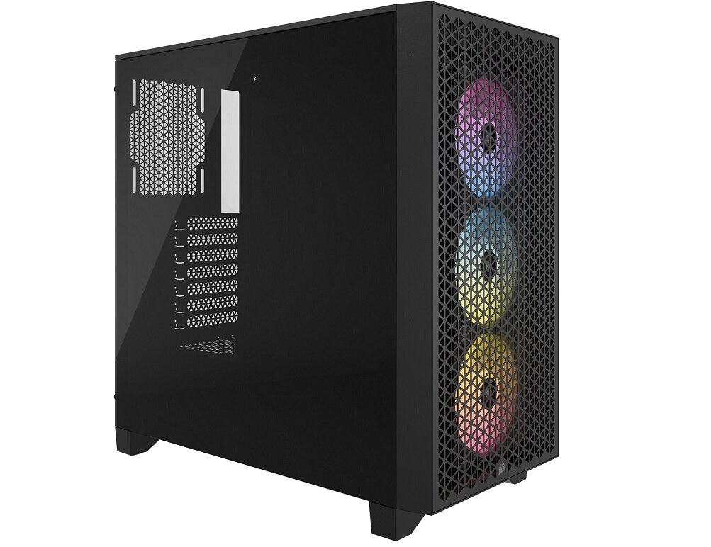 Czarna obudowa komputerowa z przodu posiada trzy wentylatory z podświetleniem RGB. Boczne panele mają perforacje dla lepszej wentylacji.