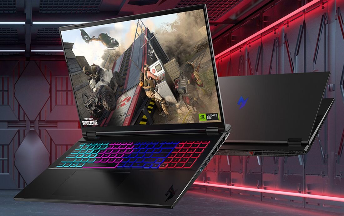 ACER Nitro gaming laptop z designem, wyświetlaczem pokazującym scenę z dynamicznej gry FPS, podświetlana klawiatura RGB, logo NVIDIA GeForce RTX, idealny do gier sieciowych, streamingu i pracy kreatywnej - Pamięć RAM DDR5, Dysk SSD 
