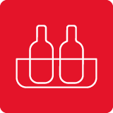 Czerwona ikona z białym konturem dwóch butelek umieszczonych w pojemniku.