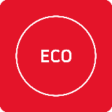 Czerwony kwadrat z białym napisem \'ECO\' w środku okręgu.