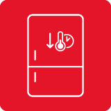 Ikona przedstawia białą lodówkę na czerwonym tle z symbolami termometru, strzałki i zegara.