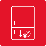 Ikona przedstawia białą lodówkę na czerwonym tle z symbolami termometru i zegara na dolnej części.