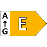 Etykieta energetyczna z literą \'E\' na żółtym tle, z oznaczeniem skali od A do G po lewej stronie.