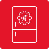 Ikona przedstawia białą lodówkę z symbolem zębatki i przekreśloną linią na czerwonym tle.