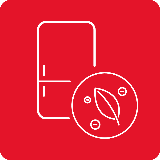 Czerwona ikona przedstawiająca zarys lodówki obok okrągłego symbolu z liściem.