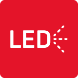 Czerwona ikona z białym napisem \'LED\' oraz symbolizowanym światłem po prawej stronie.