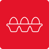 Ikona przedstawia białe kontury trzech jajek w wytłoczce na czerwonym tle.