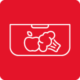 Ikona przedstawia białą grafikę jabłka i brokuła na czerwonym tle.