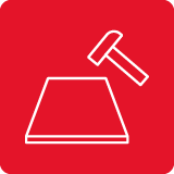 Czerwona ikona z białym symbolem młotka uderzającego w powierzchnię.