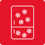 Ikona przedstawia białą lodówkę z płatkami śniegu na czerwonym tle.