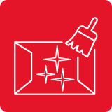 Czerwona ikona przedstawiająca białą linię symbolizującą wnętrze piekarnika z trzema gwiazdkami i szczotką.