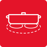 Czerwona ikona przedstawiająca biały kontur garnka stojącego na dwóch palnikach.