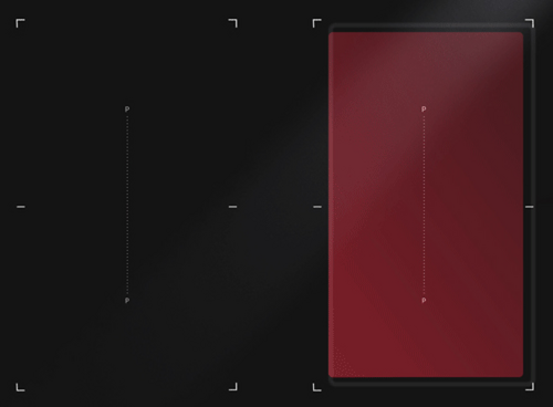 Obraz przedstawia ciemne tło z czerwonym prostokątem po prawej stronie. Na prostokącie widoczna jest pionowa linia z literą \'P\' na obu końcach.