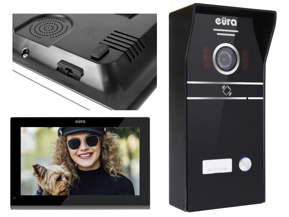 Obraz przedstawia czarny wideodomofon z logo \'eura\' oraz ekran wyświetlający osobę z psem. Widoczny jest również tył urządzenia z otworami wentylacyjnymi i złączami.