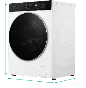 Biała pralka z czarnymi drzwiami i panelem sterowania z wyświetlaczem cyfrowym. Na panelu widoczne są przyciski i pokrętło.