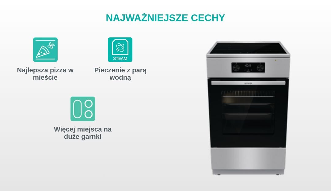 KUCHNIA GORENJE MEKIS5101I Grafika produktowa z kuchnią wolnostojącą Gorenje po prawej stronie oraz trzema turkusowymi piktogramami po lewej, opisanymi jako „Najlepsza pizza w mieście”, „Stabilne i trwałe ruszty” i „Łatwe wysuwanie blach” pod nagłówkiem „NAJWAŻNIEJSZE CECHY”
