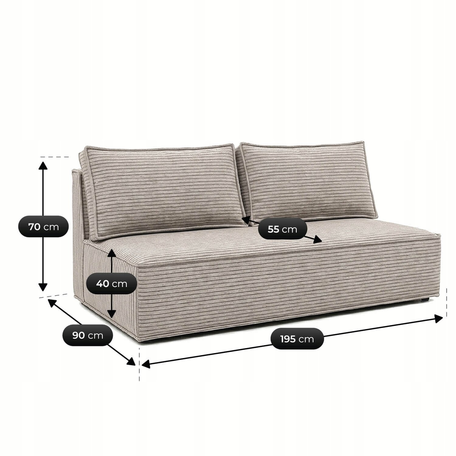 Beżowa sofa rozkładana z funkcją spania, z podanymi wymiarami: wysokość 70 cm, głębokość siedziska 55 cm, wysokość siedziska 40 cm, szerokość 90 cm, długość 195 cm.