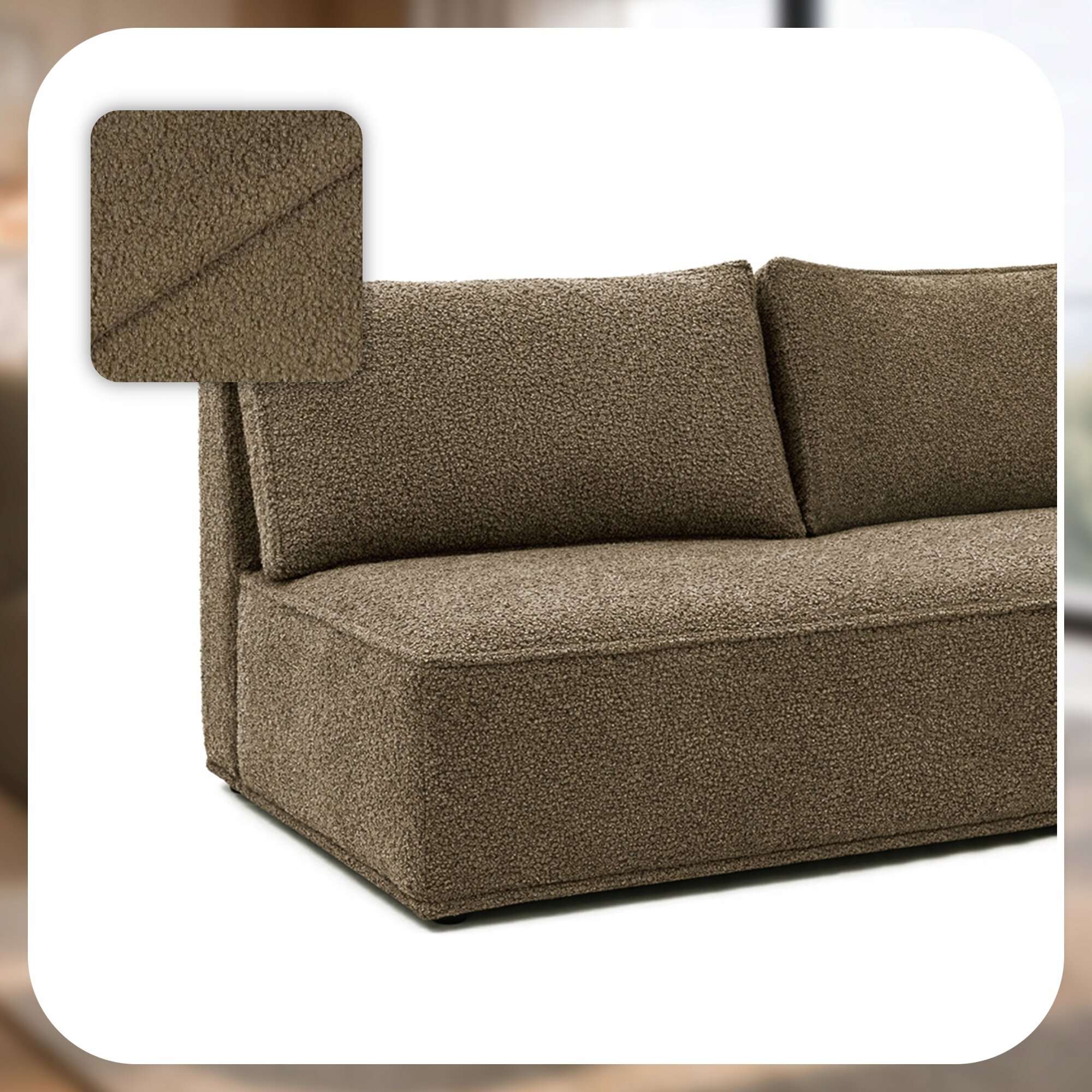 Brązowa sofa z funkcją spania, z widocznymi dwoma poduszkami o teksturowanej powierzchni. W lewym górnym rogu znajduje się zbliżenie materiału obicia.