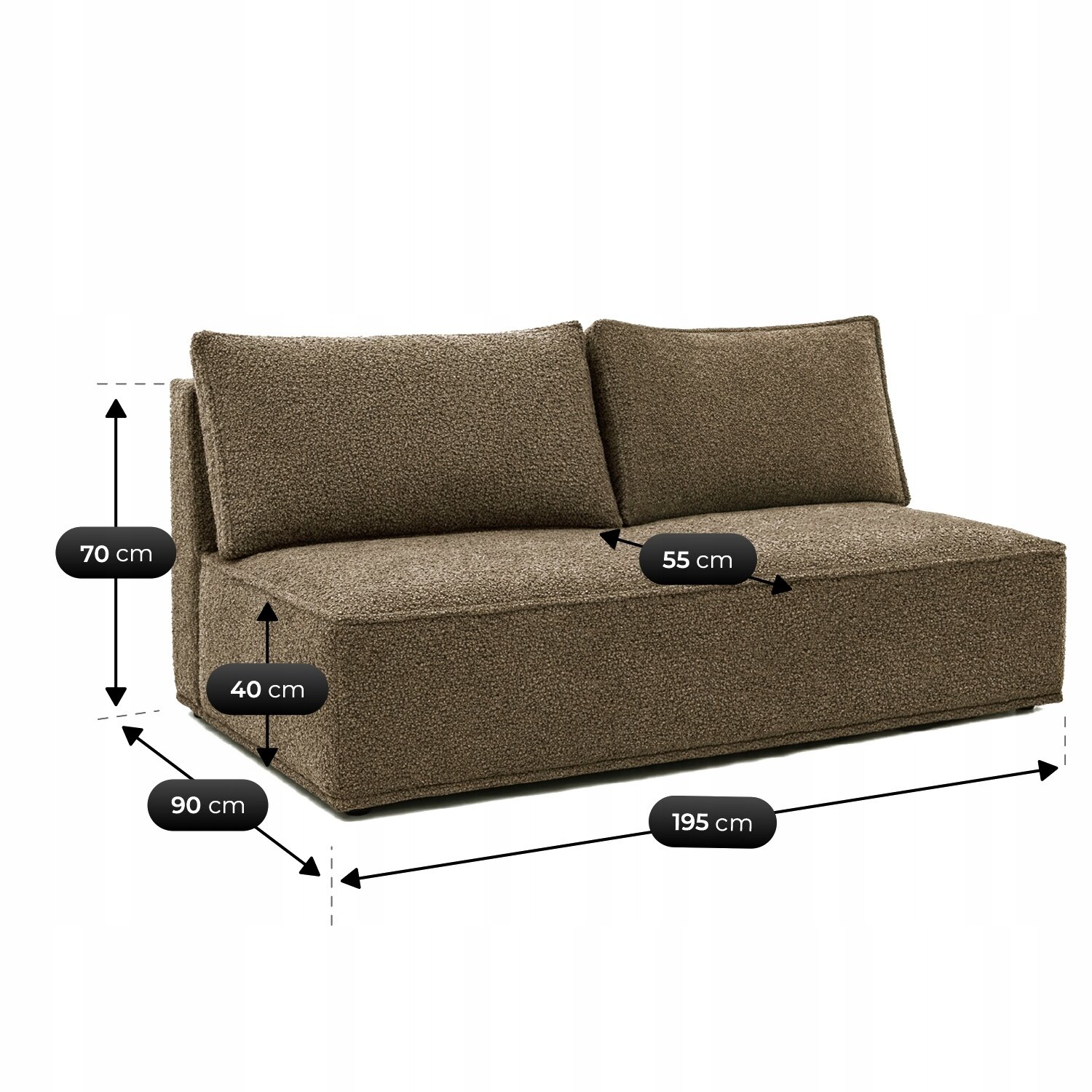 Brązowa sofa rozkładana z funkcją spania, z poduszkami na oparciu. Wymiary: wysokość 70 cm, głębokość siedziska 55 cm, wysokość siedziska 40 cm, szerokość 90 cm, długość 195 cm.