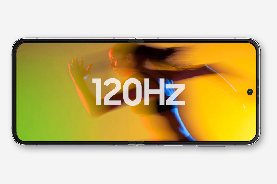 Na ekranie smartfona widoczna jest dynamiczna postać w ruchu na tle gradientu żółto-zielonego z napisem \'120Hz\'.