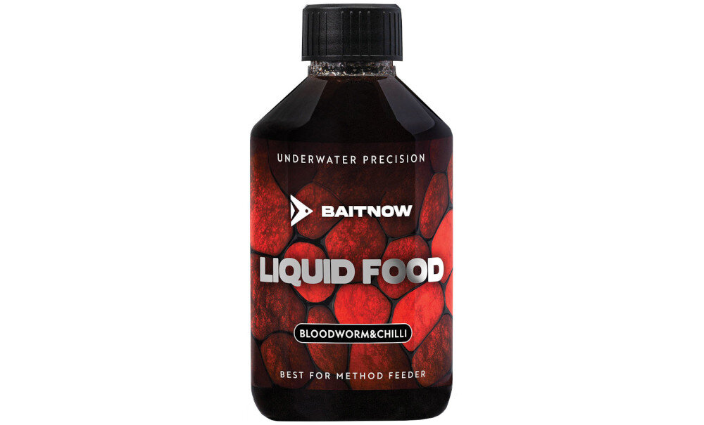 PLiquid Method Feeder BAITNOW Food Bloodworm & Chili 250 ml w oryginalnej zamkniętej butelce na białym tle